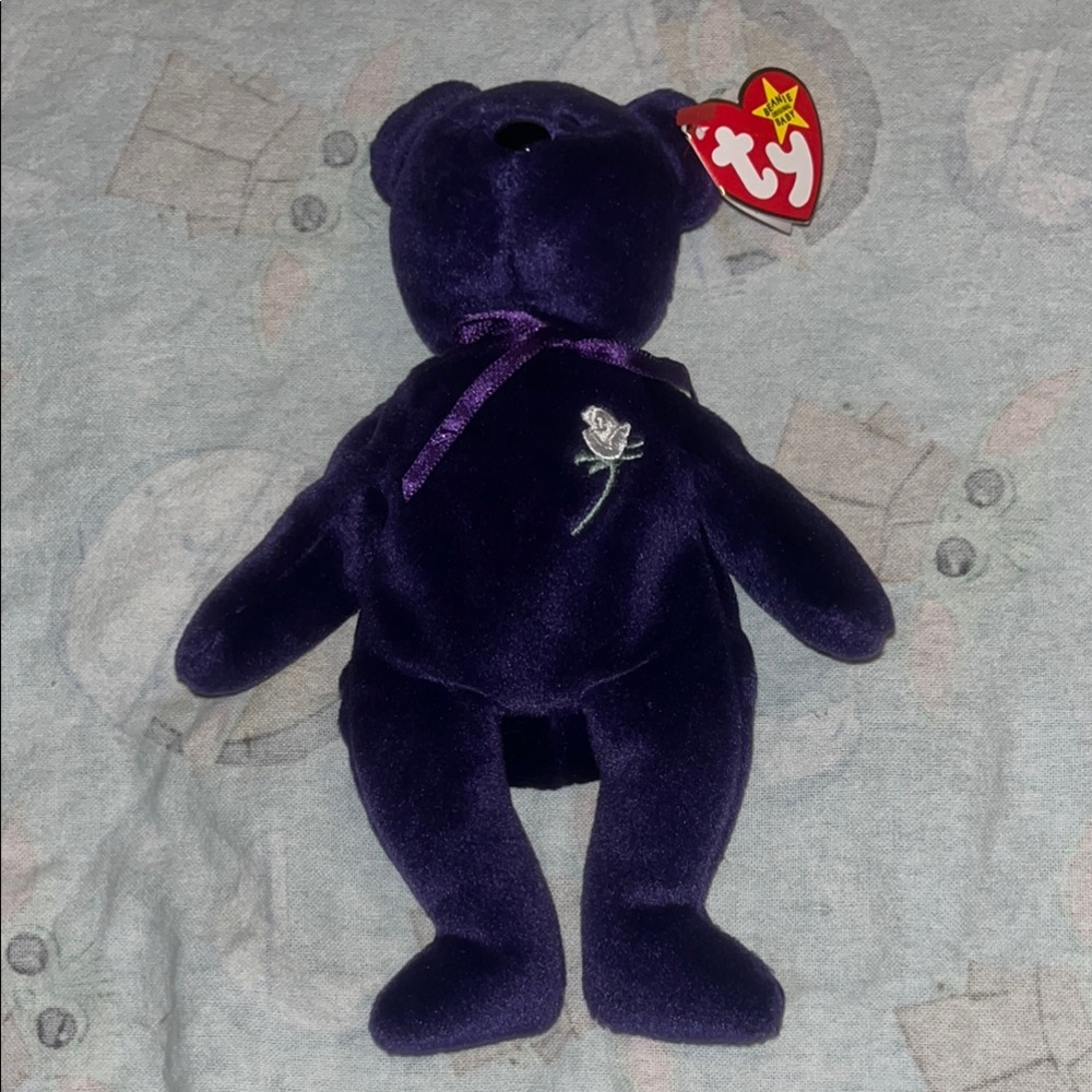 Diana Princess of Wales Ty Purple Stuffed Bear with Rose Embroidery
